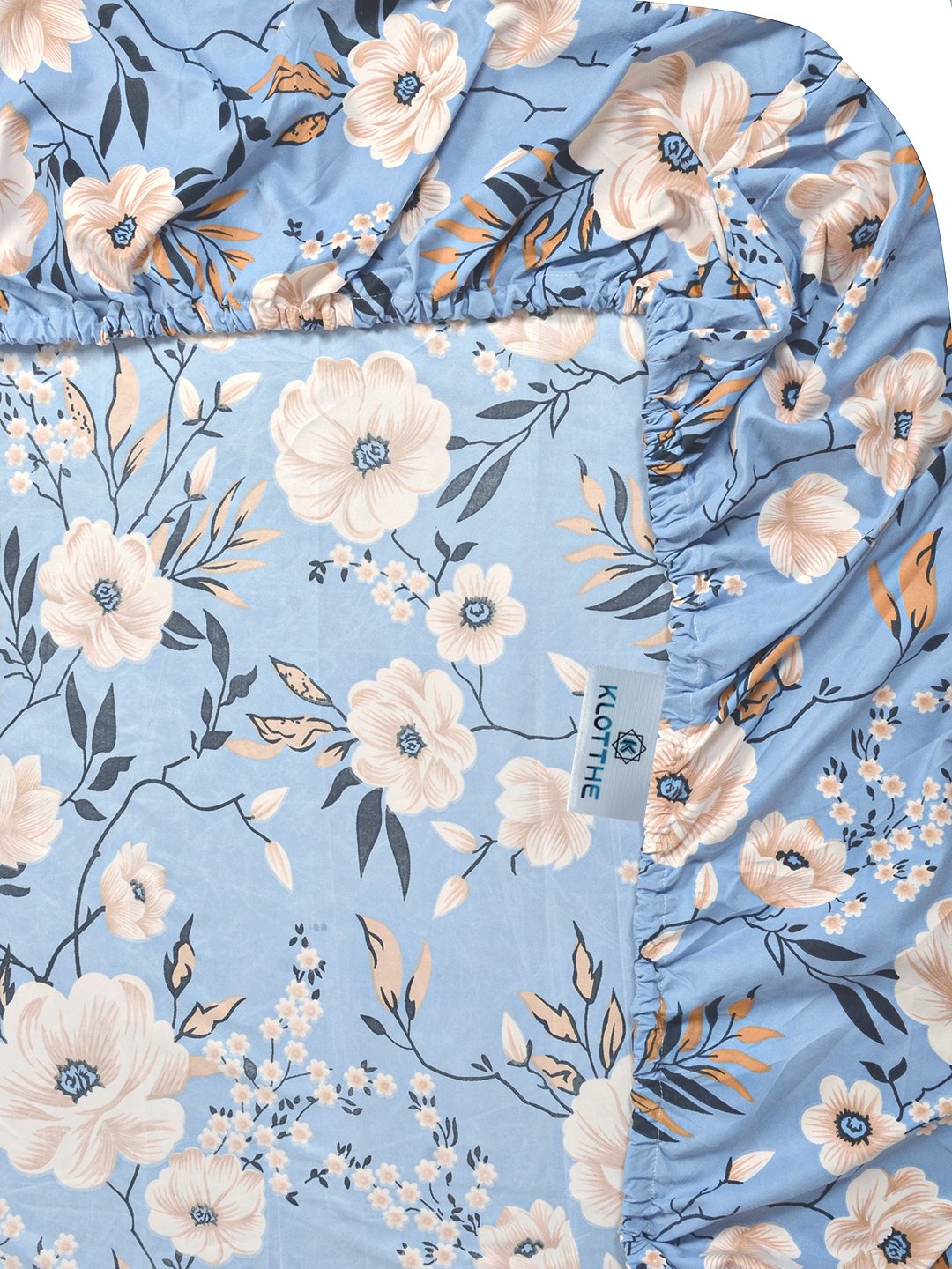 Blue Floral 300 TC Cotton Blend Fitted Double Bedsheet with 2 Pillow Covers