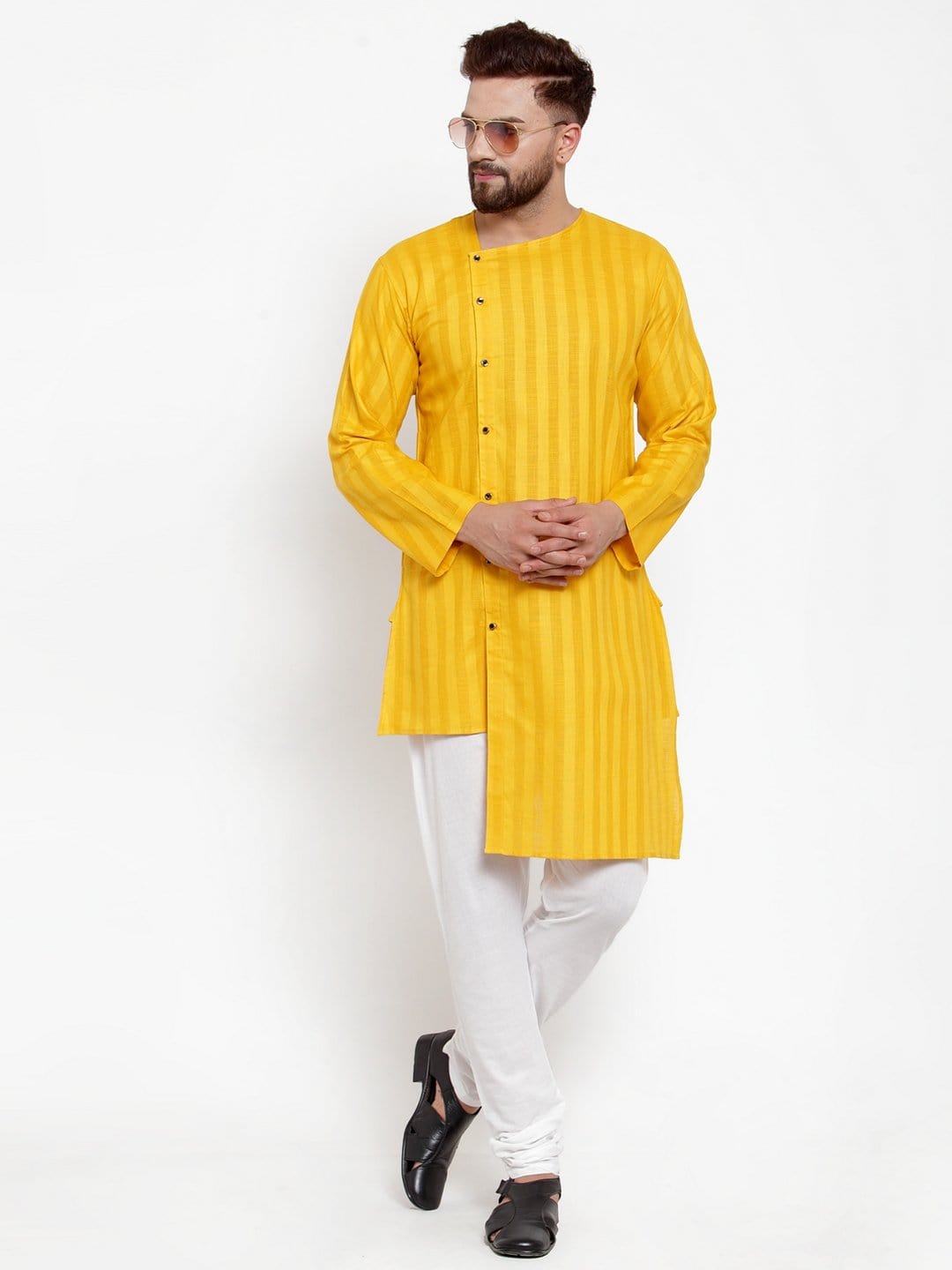 Yellow Cotton Striped Party Kurtas