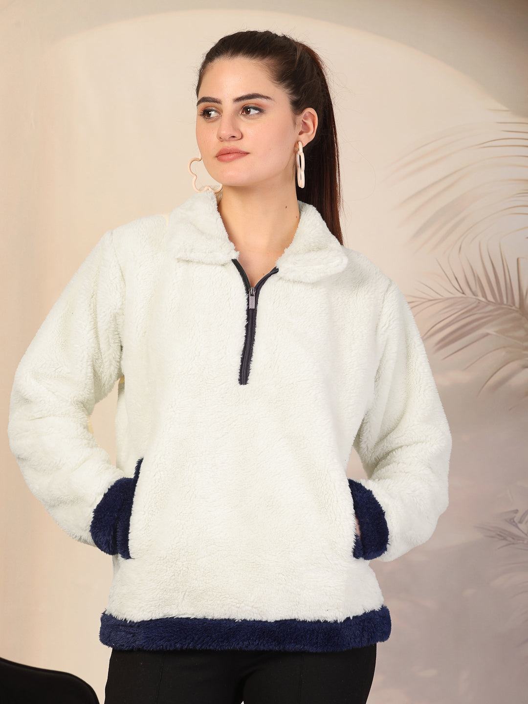 Klotthe Women Cream Solid Woolen Fur Winter Jacket