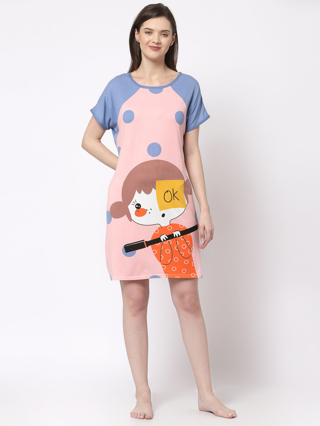 Klotthe Women MultiColor Cartoon Printed Cotton Blend Long Top