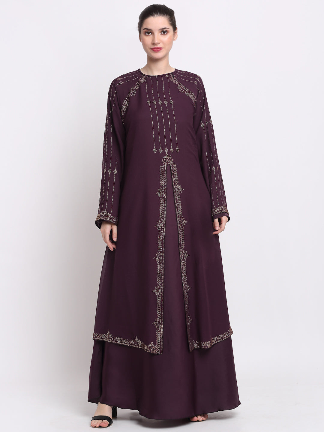 Klotthe Women Burgundy Embellished Burqa With Scarves