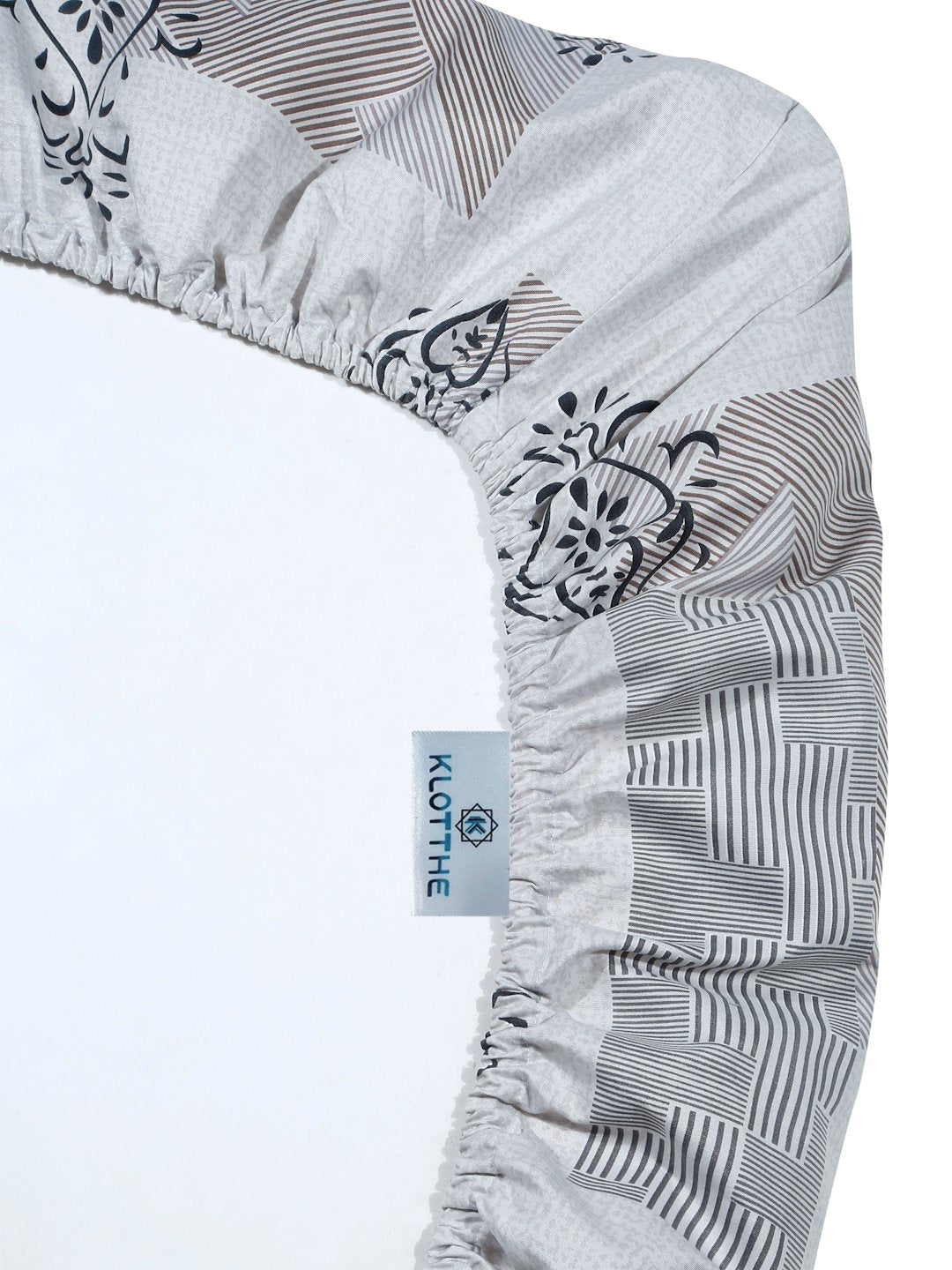 Grey Ethnic Motifs 300 TC Cotton Blend Fitted Double Bedsheet with 2 Pillow Covers