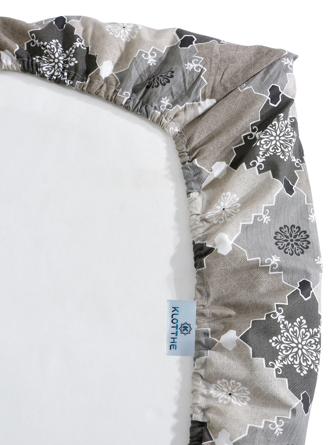 Grey Geometric 400 TC Pure Cotton Fitted Double Bedsheet with 2 Pillow Covers