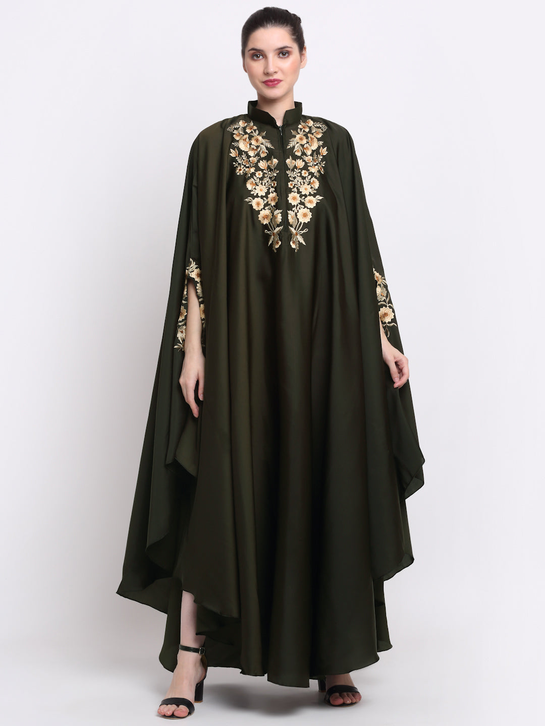 Klotthe Women Olive Embroidered Burqa With Scarves