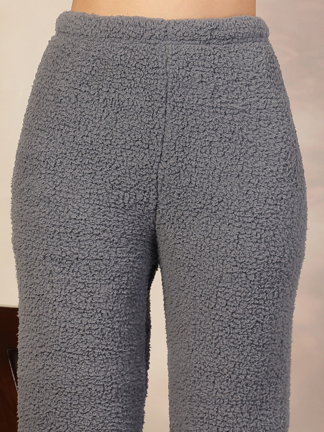 Klotthe Women Grey Solid Sherpa Heavy Winter Hooded Woolen Night Suit
