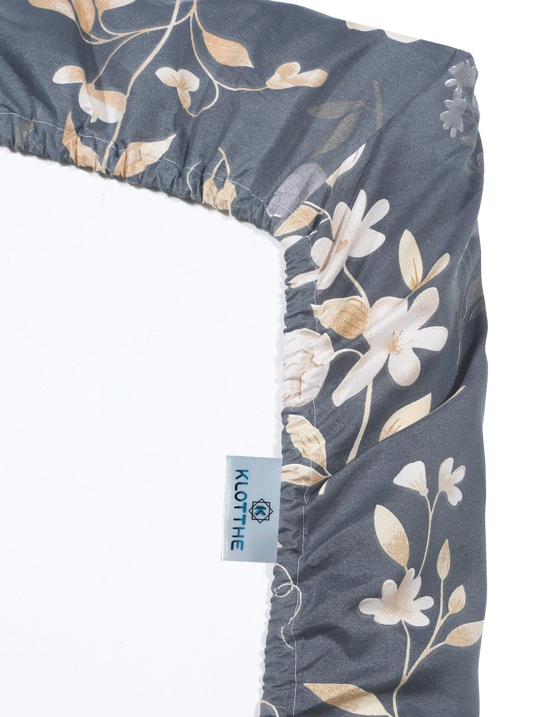 Grey Floral 300 TC Cotton Blend Fitted Double Bedsheet with 2 Pillow Covers