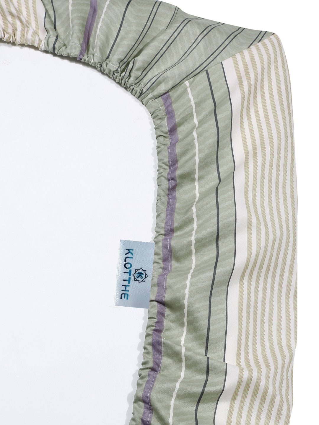 Green Striped 300 TC Cotton Blend Fitted Double Bedsheet with 2 Pillow Covers