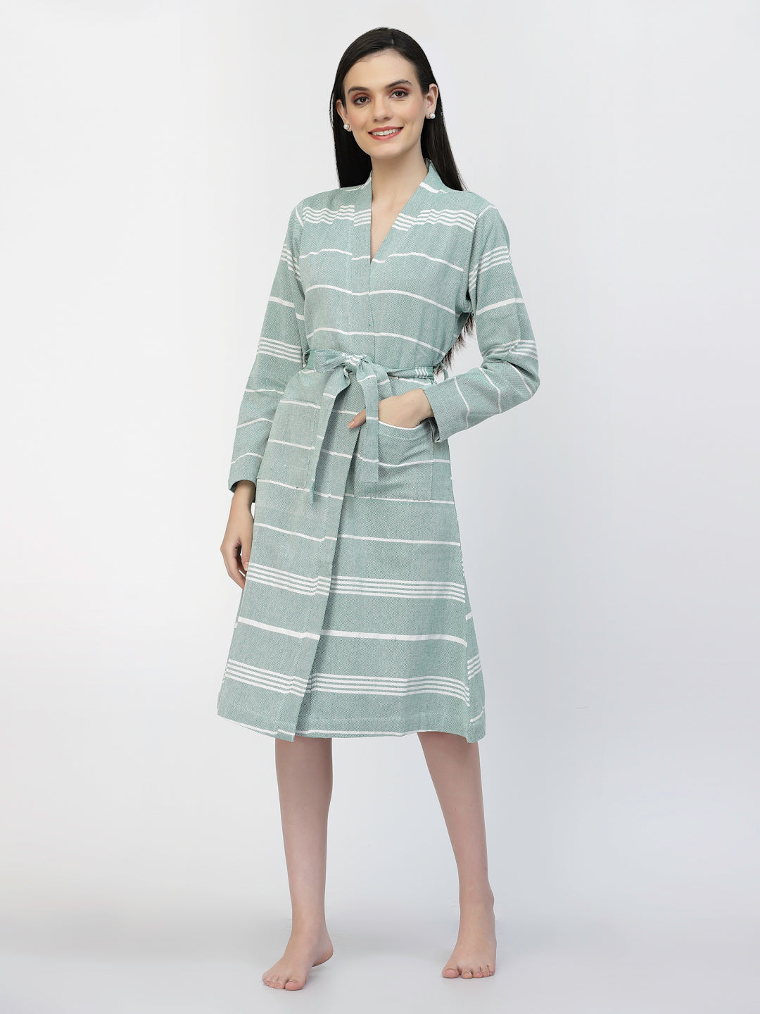 Klotthe Women Green Striped Cotton Bath Robe With Belt