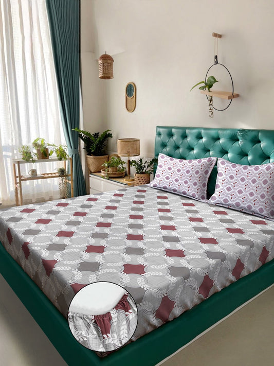 Grey Geometric 400 TC Pure Cotton Fitted Double Bedsheet with 2 Pillow Covers