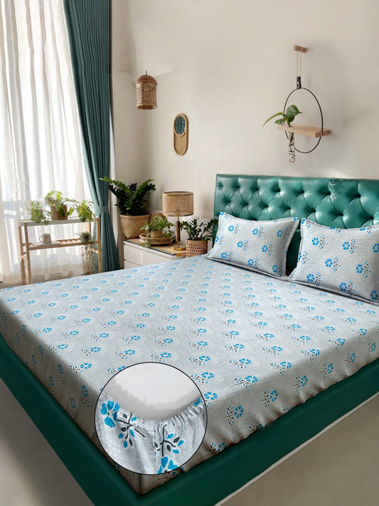 Blue Floral 400 TC Pure Cotton Fitted Double Bedsheet with 2 Pillow Covers