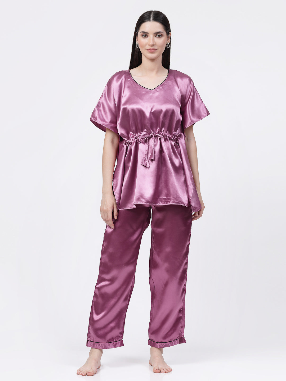 Klotthe Women Pink Solid Satin Kaftan Night Suit by KLOTTHE