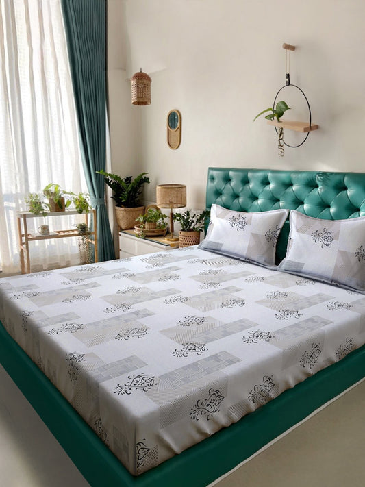 Grey Ethnic Motifs 300 TC Cotton Blend Fitted Double Bedsheet with 2 Pillow Covers