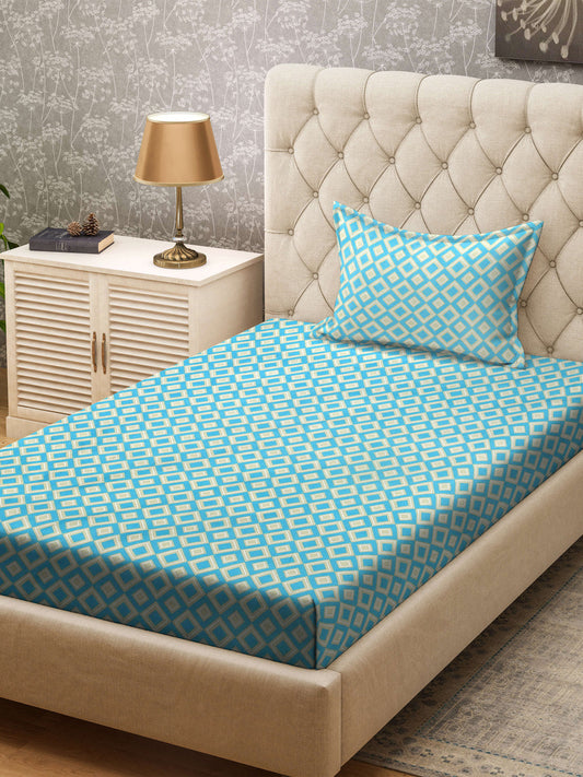 Klotthe Turquoise Geometric 300 TC Cotton Blend Single Bedsheet with Pillow Cover