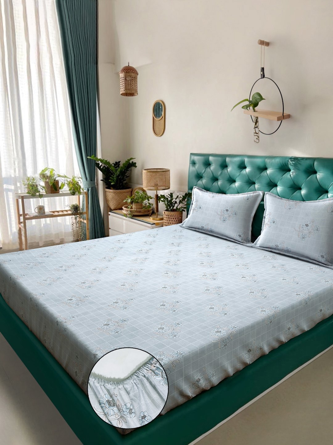 Grey Floral 400 TC Pure Cotton Fitted Double Bedsheet with 2 Pillow Covers