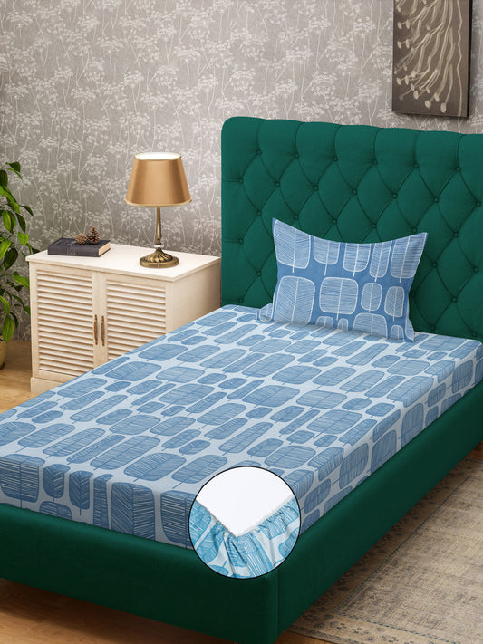 Klotthe Turquoise Geometric 300 TC Cotton Blend Fitted Single Bedsheet with Pillow Cover