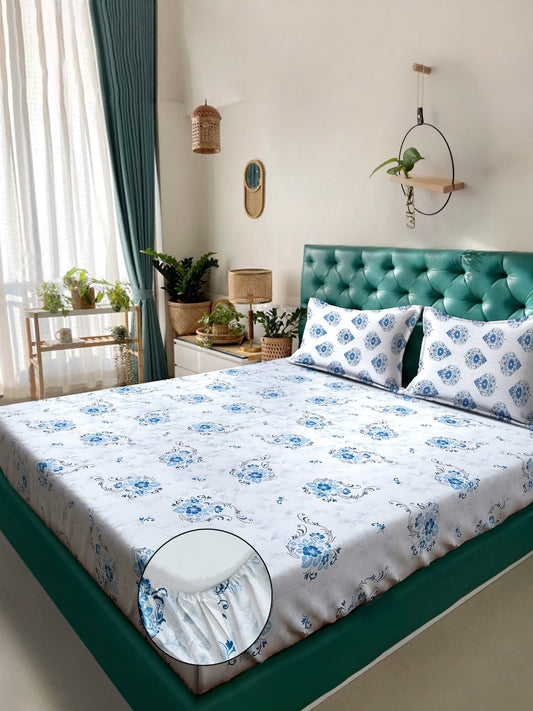 Blue Floral 400 TC Pure Cotton Fitted Double Bedsheet with 2 Pillow Covers