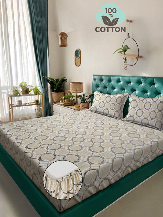 Klotthe Cream Geometric 400 TC Pure Cotton Fitted Double Bedsheet with 2 Pillow Covers
