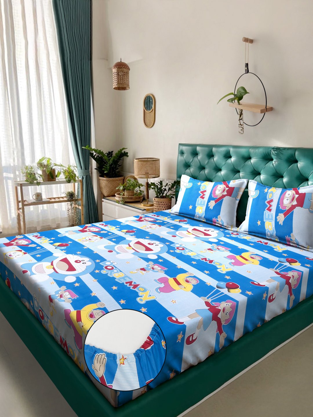Blue Cartoon Characters 400 TC Pure Cotton Fitted Double Bedsheet with 2 Pillow Covers
