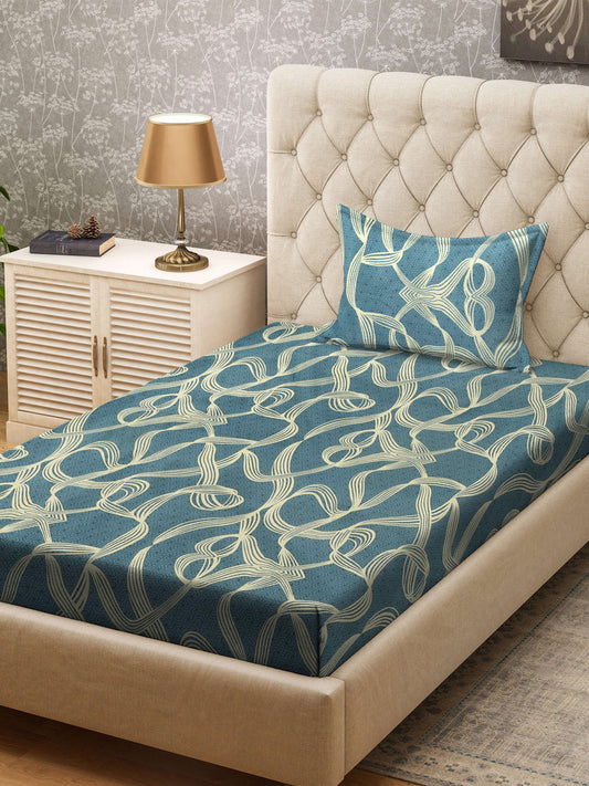 Klotthe Turquoise Abstract 300 TC Cotton Blend Single Bedsheet with Pillow Cover