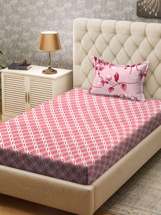 Klotthe Red Geometric 300 TC Cotton Blend Single Bedsheet with Pillow Cover