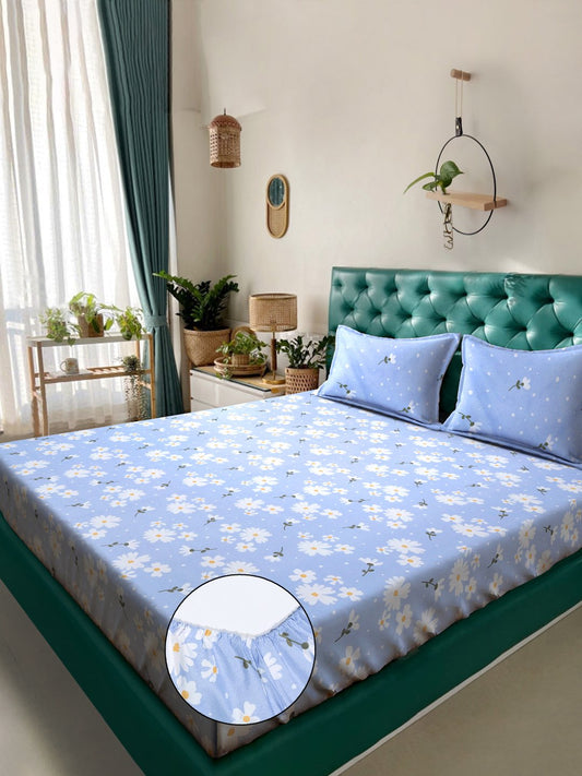 Blue Floral 300 TC Fitted Cotton Blend Double Bedsheet with 2 Pillow Covers