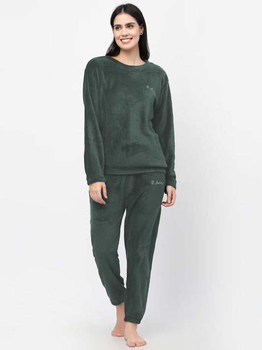 Klotthe Women Green Solid Wool Blend Night Suit