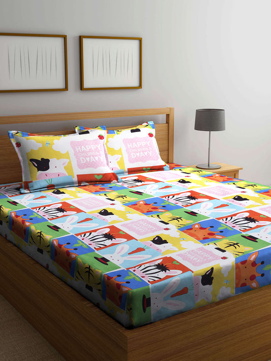 Klotthe Multicolor Cartoon Print Cotton Blend Elasticated Double BedSheet With 2 Pillow Covers