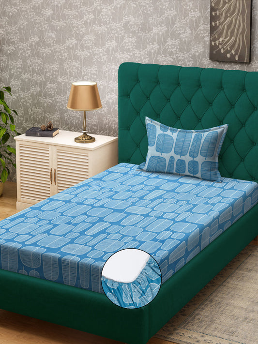 Klotthe Turquoise Geometric 300 TC Cotton Blend Fitted Single Bedsheet with Pillow Cover