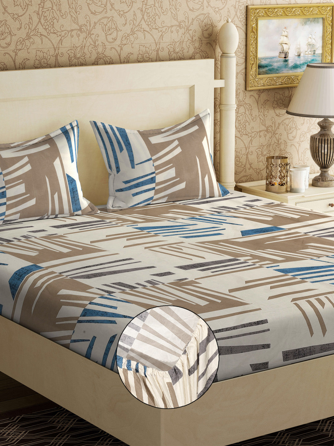 Klotthe Multicolor Abstract 300 TC Cotton Blend Fitted Double Bedsheet with 2 Pillow Covers