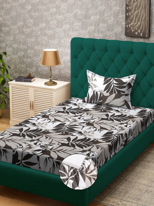Klotthe Brown Floral 300 TC Cotton Blend Fitted Single Bedsheet with Pillow Cover