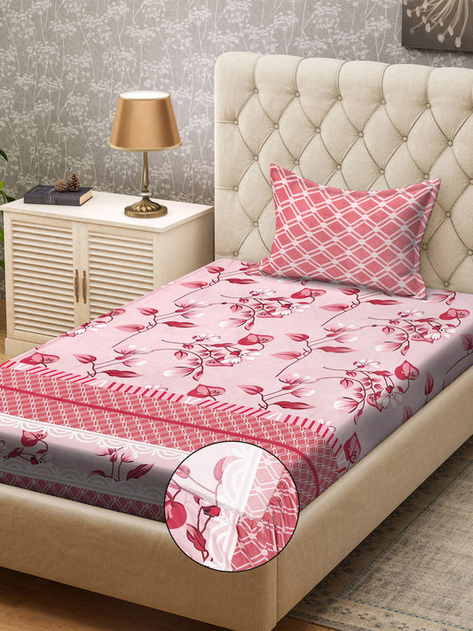 Klotthe Red Floral 300 TC Cotton Blend Fitted Single Bedsheet with Pillow Cover