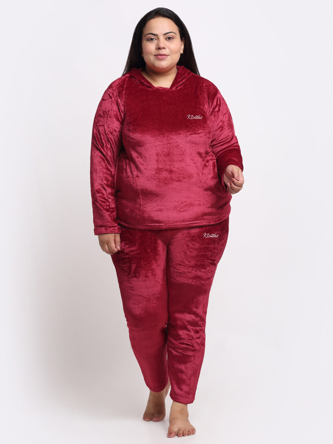 Klotthe Women Red Solid Wool Blend Hooded Night Suit