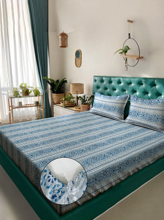 Blue Floral 400 TC Pure Cotton Fitted Double Bedsheet with 2 Pillow Covers
