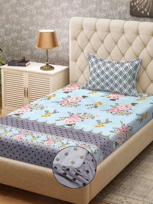 Klotthe SkyBlue Floral 300 TC Cotton Blend Fitted Single Bedsheet with Pillow Cover