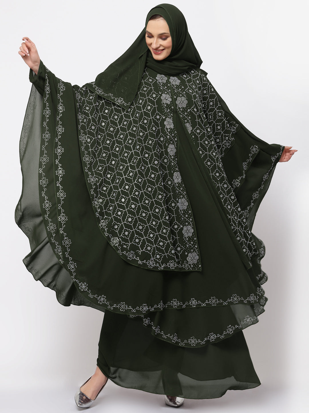 Klotthe Women Olive Embellished Burqa With Scarves