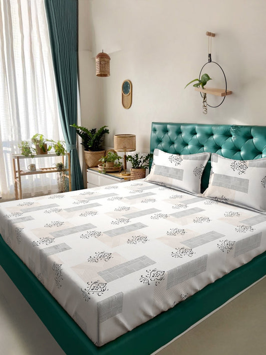 Cream Ethnic Motifs  300 TC Cotton Blend Fitted Double Bedsheet with 2 Pillow Covers