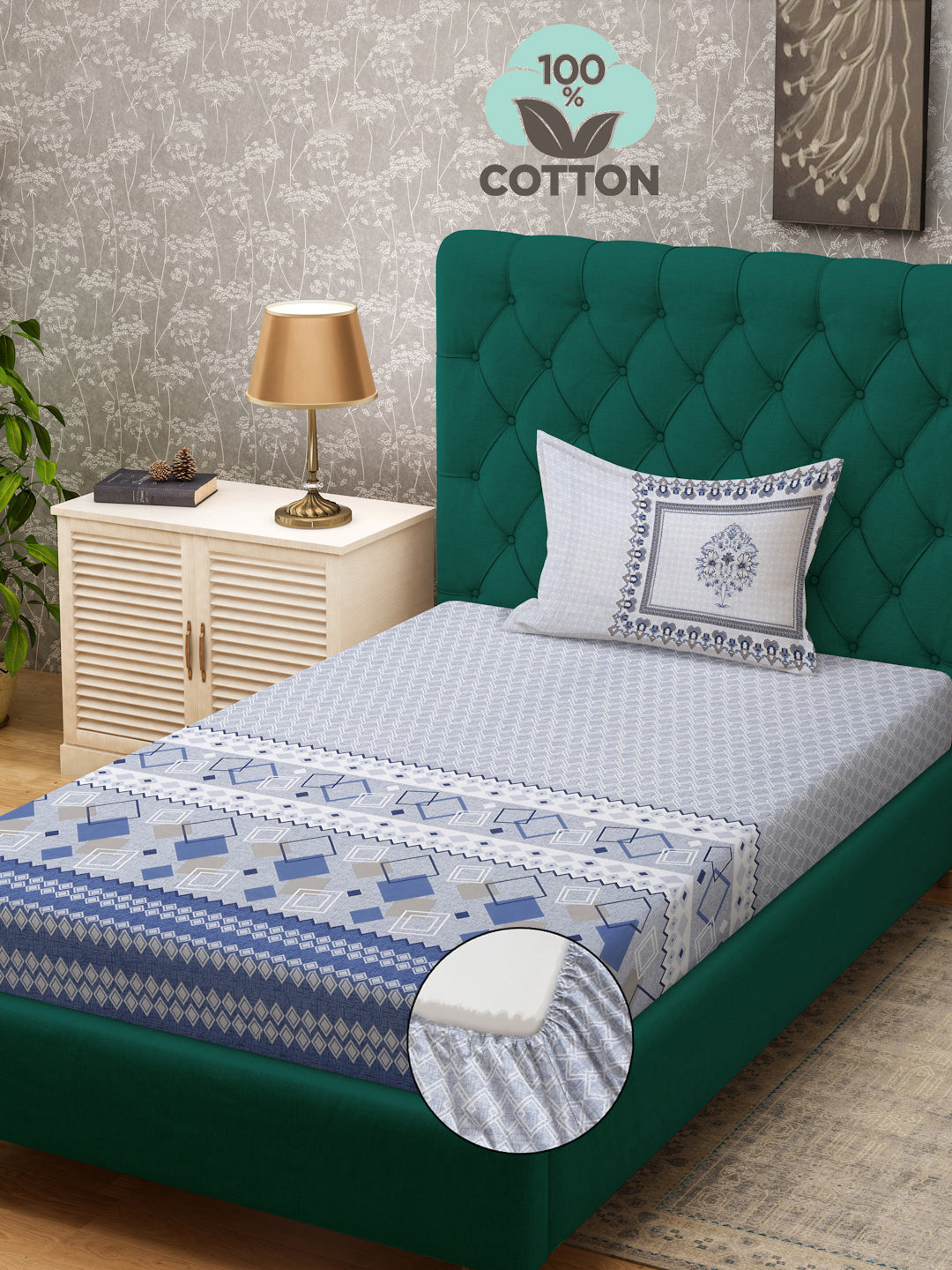 Klotthe Blue Geometric 400 TC Pure Cotton Fitted Single Bedsheet with Pillow Cover