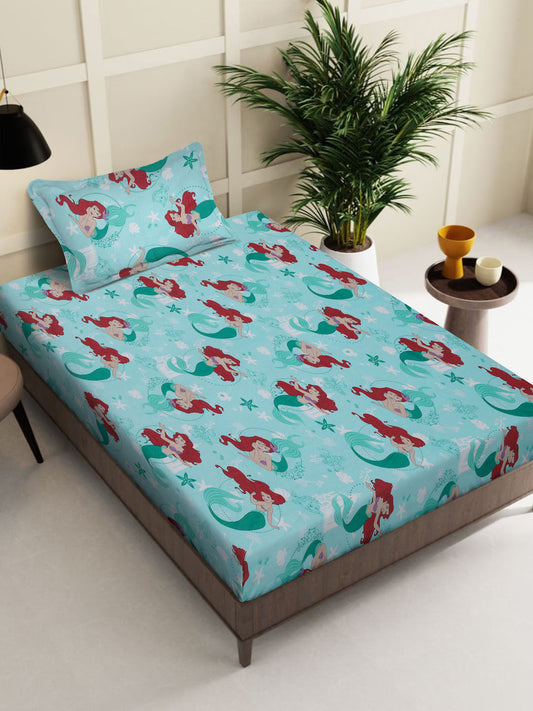 Klotthe Turquoise Cartoon Characters 400 TC Pure Cotton Single Bedsheet with Pillow Cover