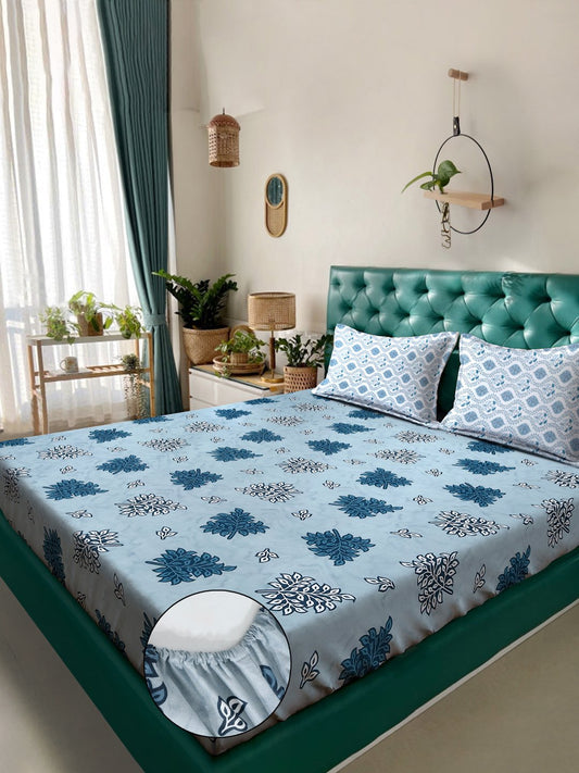 Blue Floral 400 TC Pure Cotton Fitted Double Bedsheet with 2 Pillow Covers