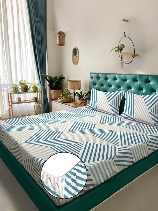 Green Geometric  300 TC Cotton Blend Fitted Double Bedsheet with 2 Pillow Covers