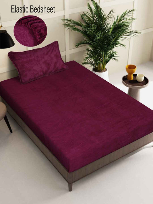 Klotthe Maroon Solid Woolen Fitted Single Bed Sheet with Pillow Cover