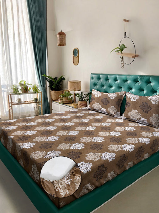 Brown Floral 400 TC Pure Cotton Fitted Double Bedsheet with 2 Pillow Covers