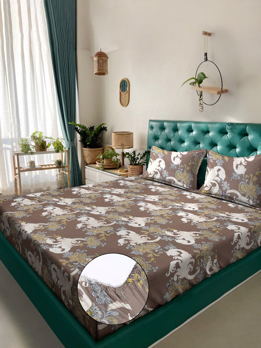 Brown Floral 300 TC Cotton Blend Fitted Double Bedsheet with 2 Pillow Covers