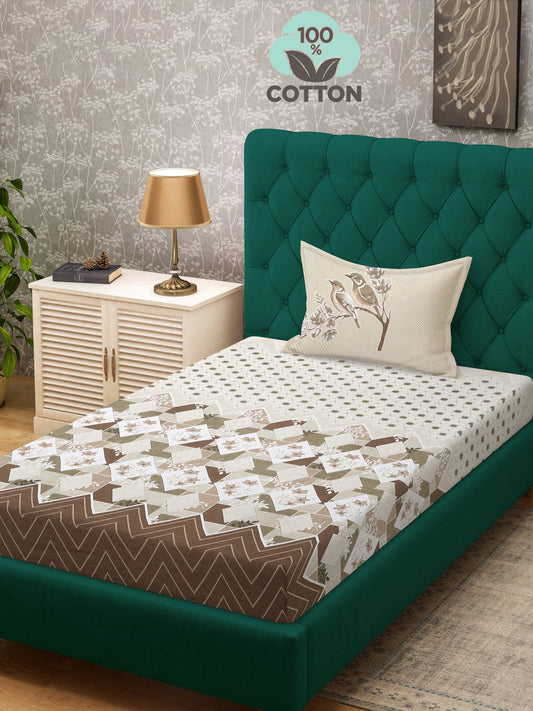 Klotthe Brown Geometric 400 TC Pure Cotton Single Bedsheet with Pillow Cover