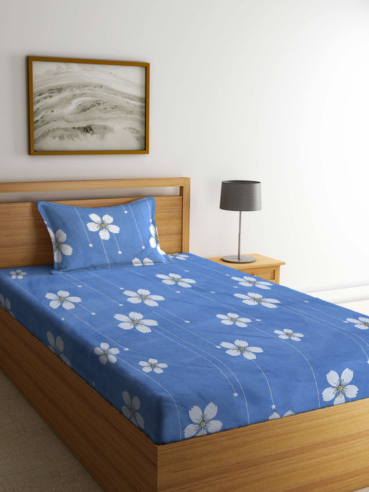 Klotthe Blue Floral 300 TC Cotton Blend Single Bedsheet with Pillow Cover