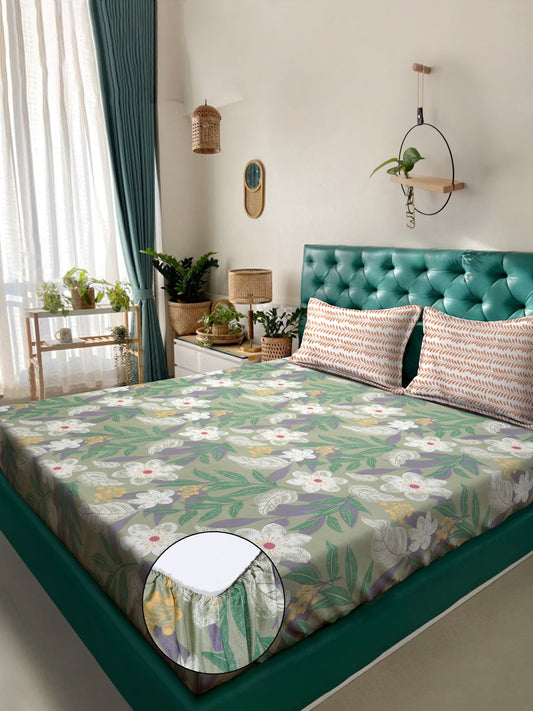 Green Floral 300 TC Fitted Cotton Blend Double Bedsheet with 2 Pillow Covers