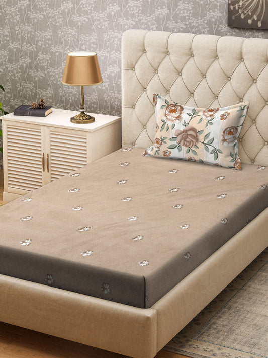 Klotthe Brown Floral 300 TC Cotton Blend Single Bedsheet with Pillow Cover
