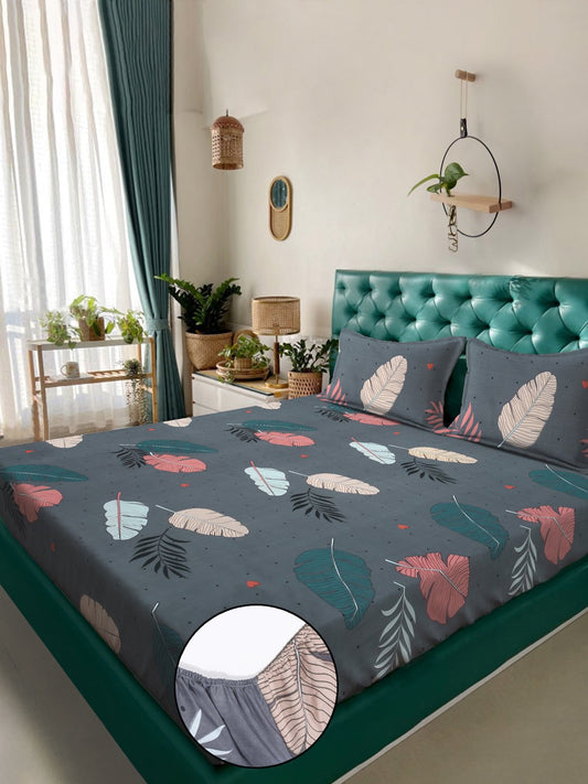 Grey Floral  300 TC Cotton Blend Fitted Double Bedsheet with 2 Pillow Covers
