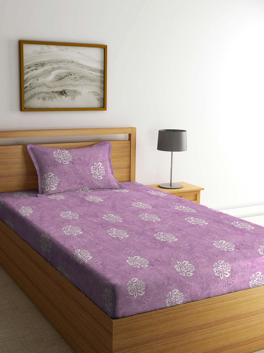 Klotthe Purple Floral 400 TC Pure Cotton Single Bedsheet with Pillow Cover