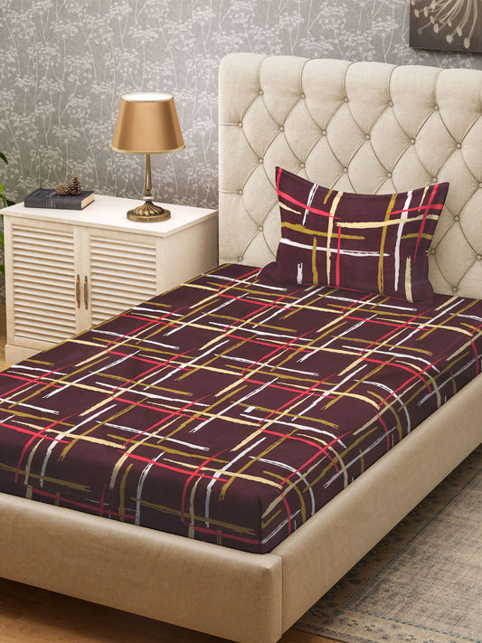 Klotthe Brown Striped 300 TC Cotton Blend Single Bedsheet with Pillow Cover